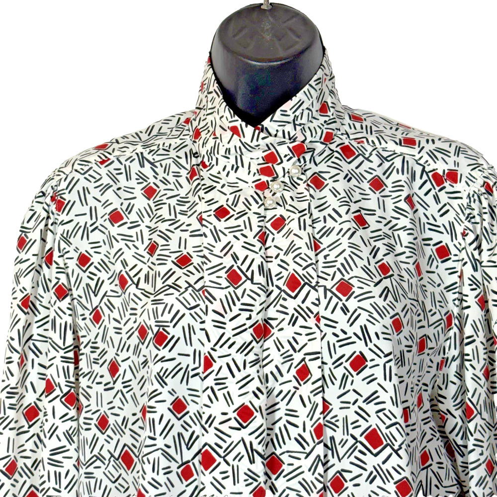 Retro Geometric Print Blouse Bold White Red Black 10 Alfred Dunner Vintage 80's